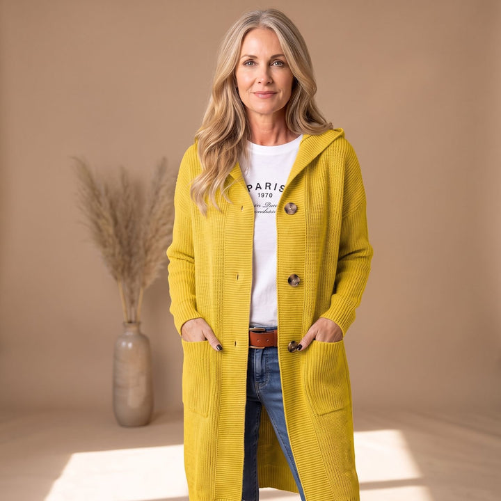 Women's Hooded Button-Front Long Ribbed Knit Cardigan - Yellow