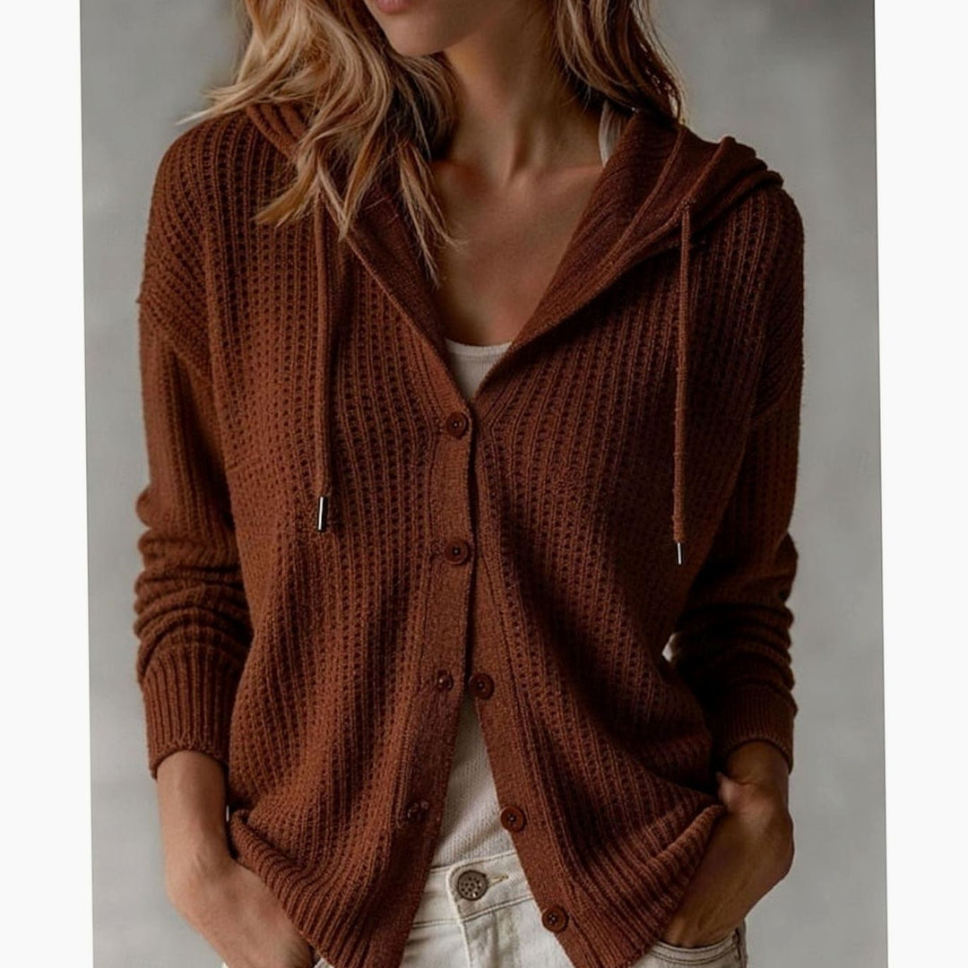 Women's Hooded Button-Front Waffle-Knit Cardigan - Maroon