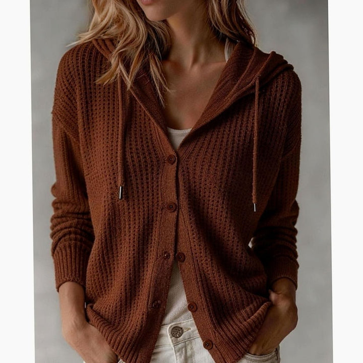 Women's Hooded Button-Front Waffle-Knit Cardigan - Maroon