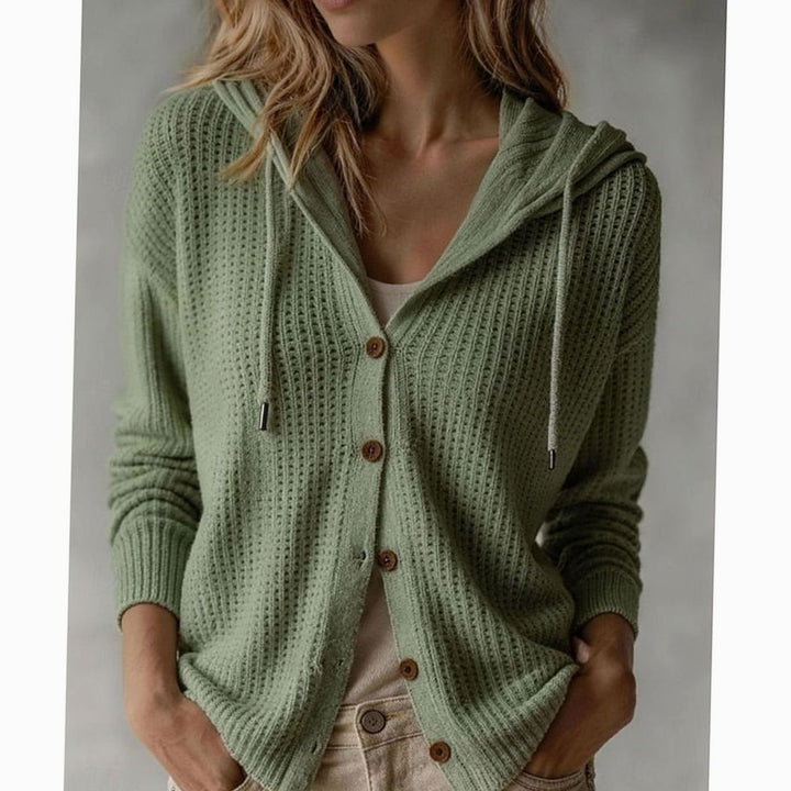 Women's Hooded Button-Front Waffle-Knit Cardigan - Green