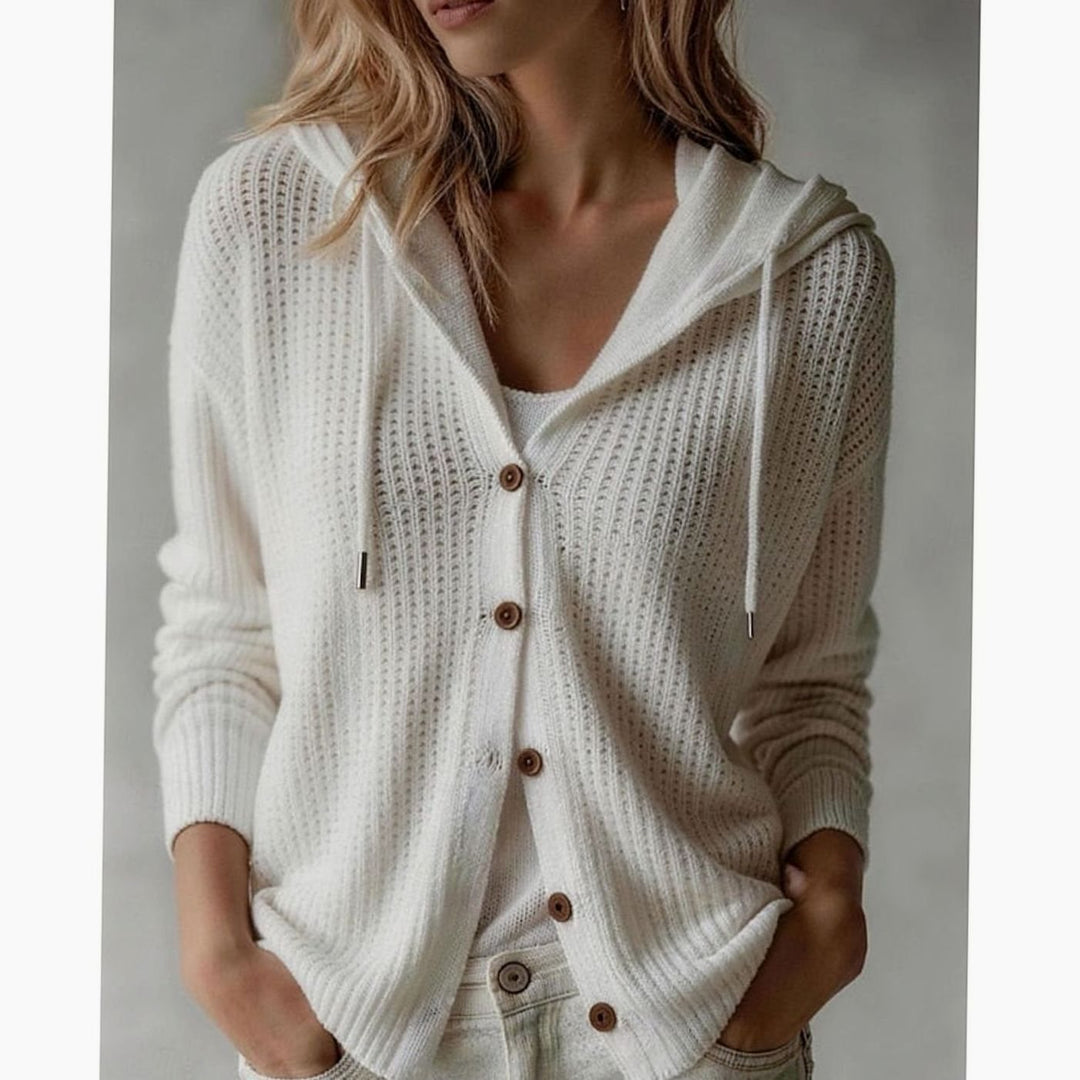 Women's Hooded Button-Front Waffle-Knit Cardigan - White