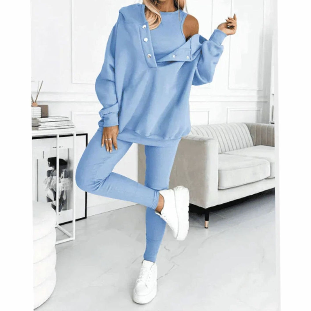 Women's Hooded Button-Neck Lounge Winter Set Three-Piece Tracksuit - Blue
