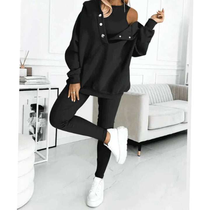 Women's Hooded Button-Neck Lounge Winter Set Three-Piece Tracksuit - Black