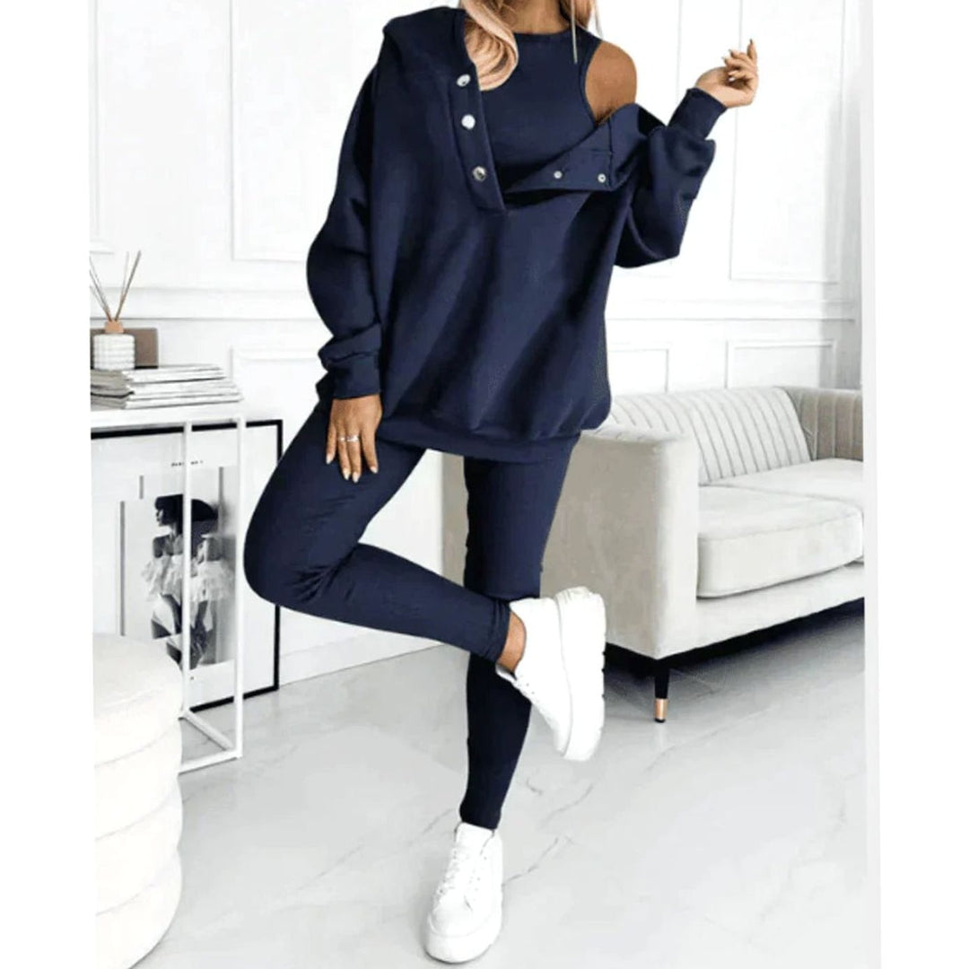 Women's Hooded Button-Neck Lounge Winter Set Three-Piece Tracksuit - Dark Blue