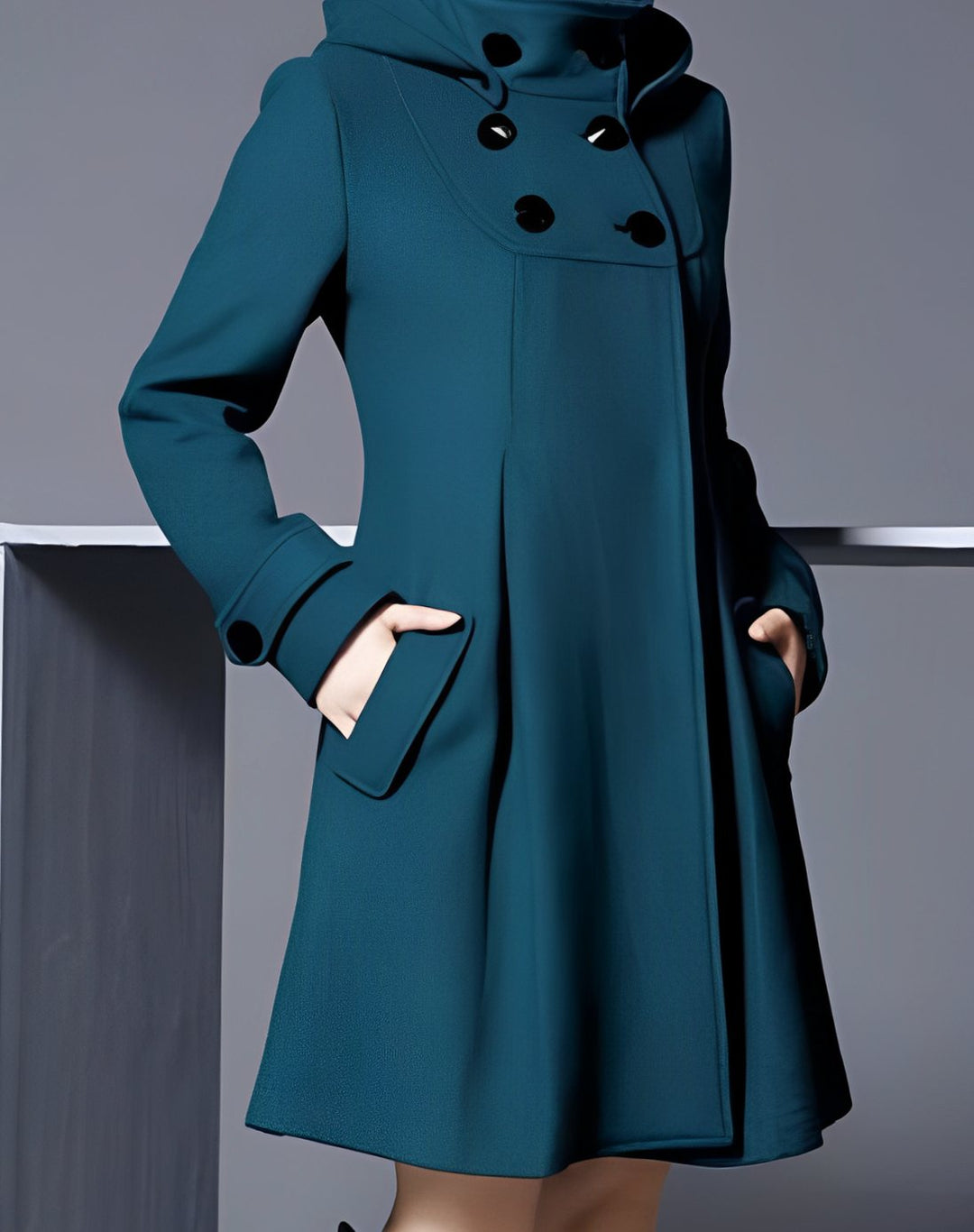 Women's Hooded Double-Breasted Button-Down Flare Coat - Dark Green