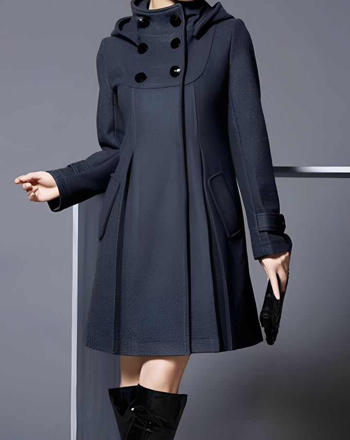 Women's Hooded Double-Breasted Button-Down Flare Coat - Dark Grey