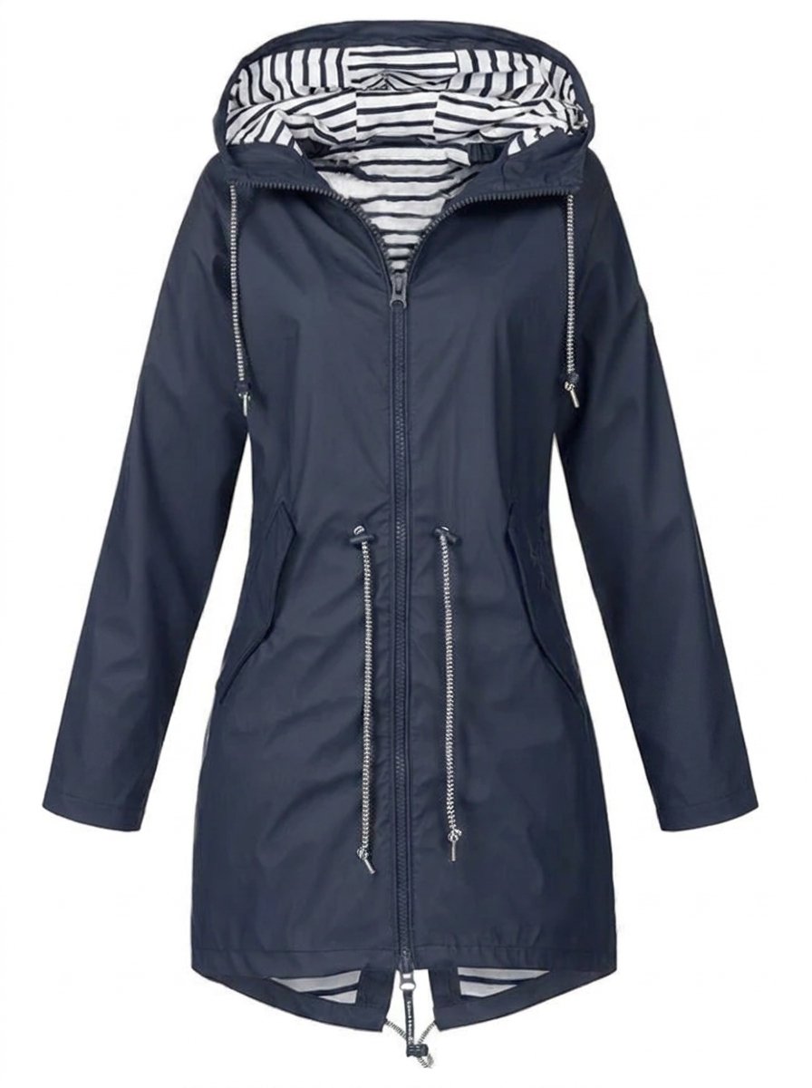 Women's Hooded Drawstring Waterproof Rain Coat - Blue