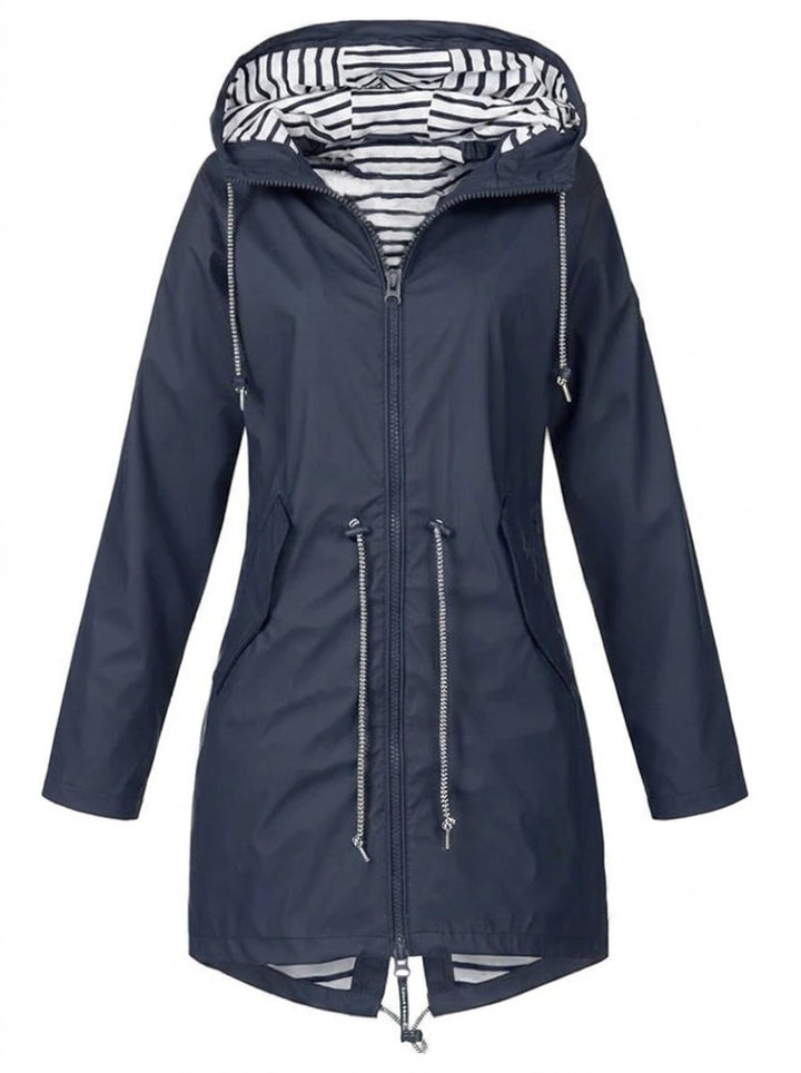 Women's Hooded Drawstring Waterproof Rain Coat - Blue