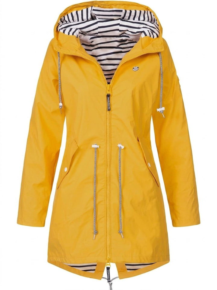 Women's Hooded Drawstring Waterproof Rain Coat - Yellow