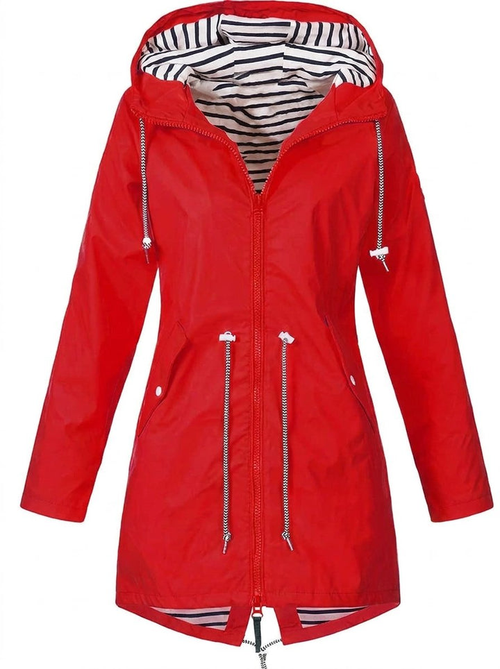 Women's Hooded Drawstring Waterproof Rain Coat - Red