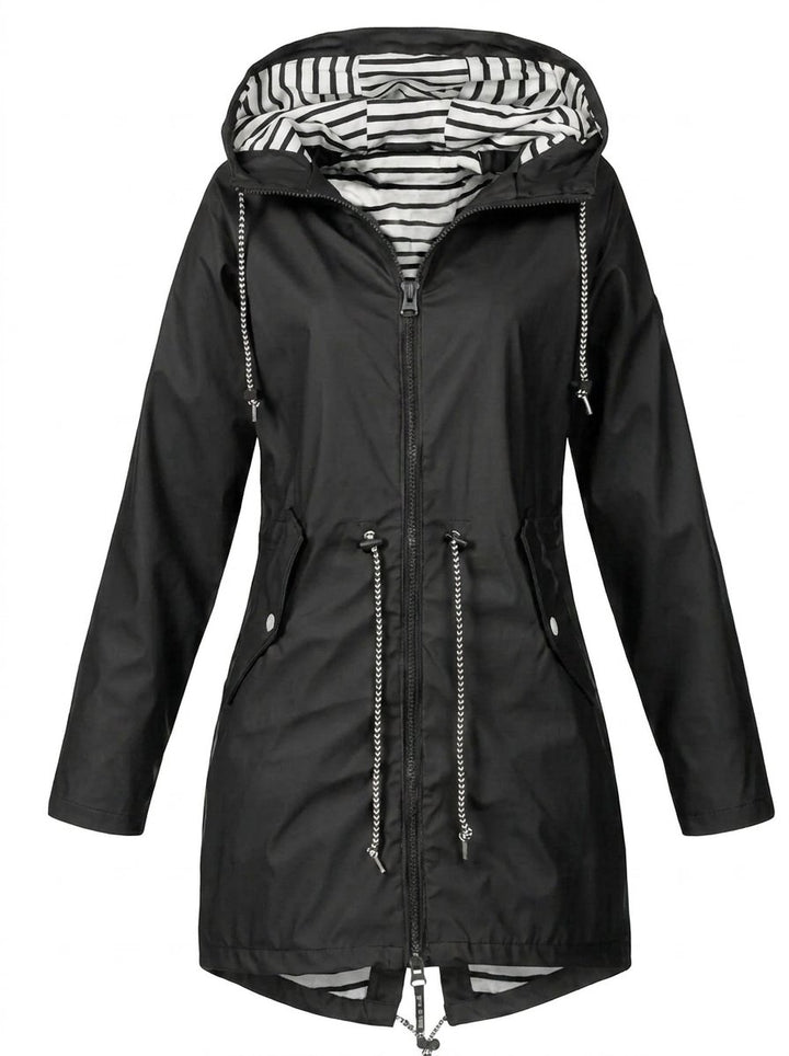 Women's Hooded Drawstring Waterproof Rain Coat - Black