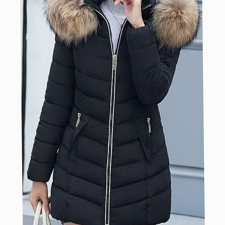 Women's Hooded Faux-Fur Trim Quilted Jacket Waist-Defining Puffer Coat - Black