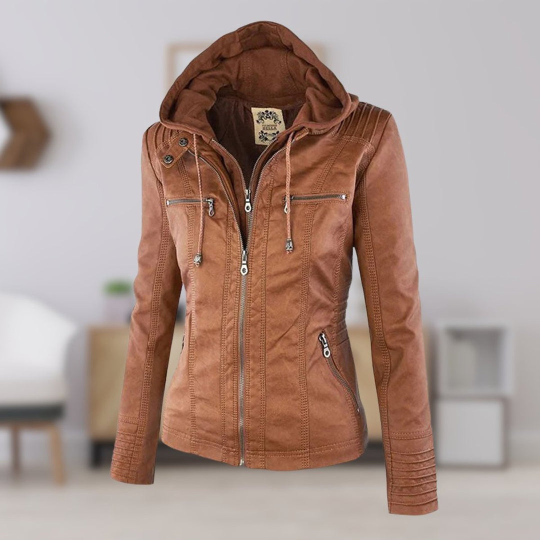 Women's Hooded Faux Leather Moto Coat Removable Hood - Khaki