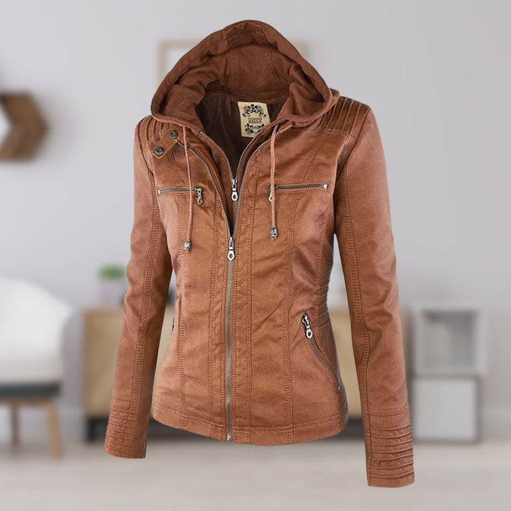 Women's Hooded Faux Leather Moto Coat Removable Hood - Khaki