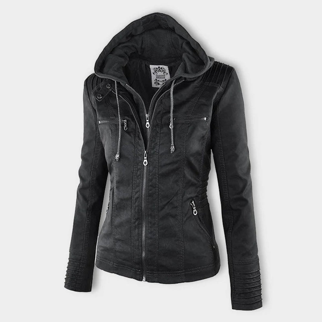 Women's Hooded Faux Leather Moto Coat Removable Hood