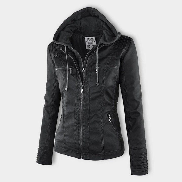 Women's Hooded Faux Leather Moto Coat Removable Hood