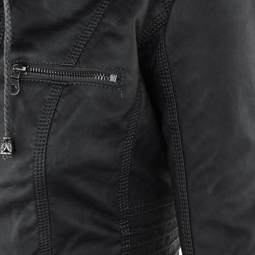 Women's Hooded Faux Leather Moto Coat Removable Hood