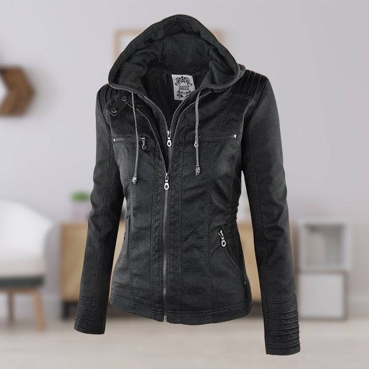 Women's Hooded Faux Leather Moto Coat Removable Hood - Black