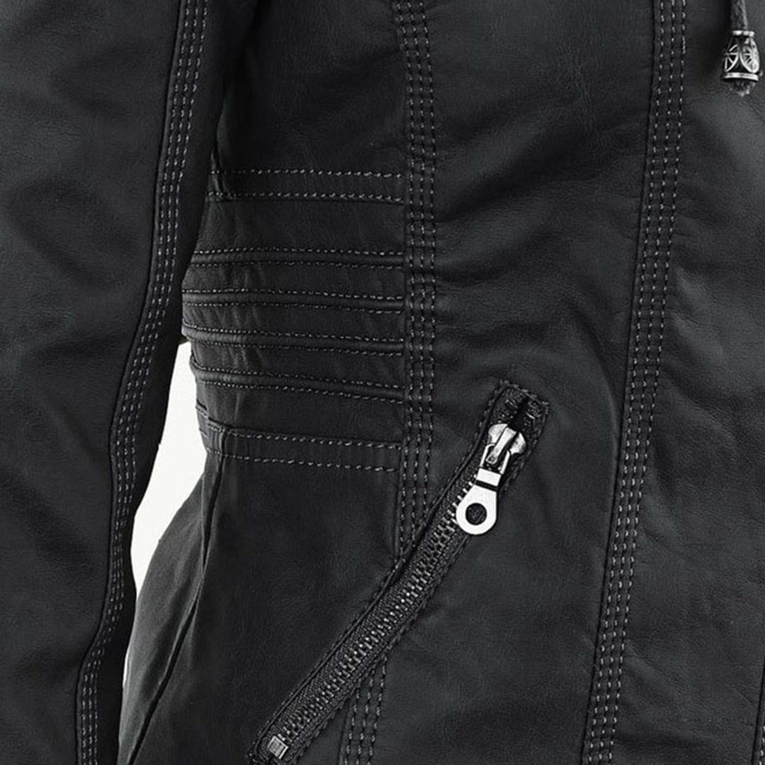 Women's Hooded Faux Leather Moto Coat Removable Hood