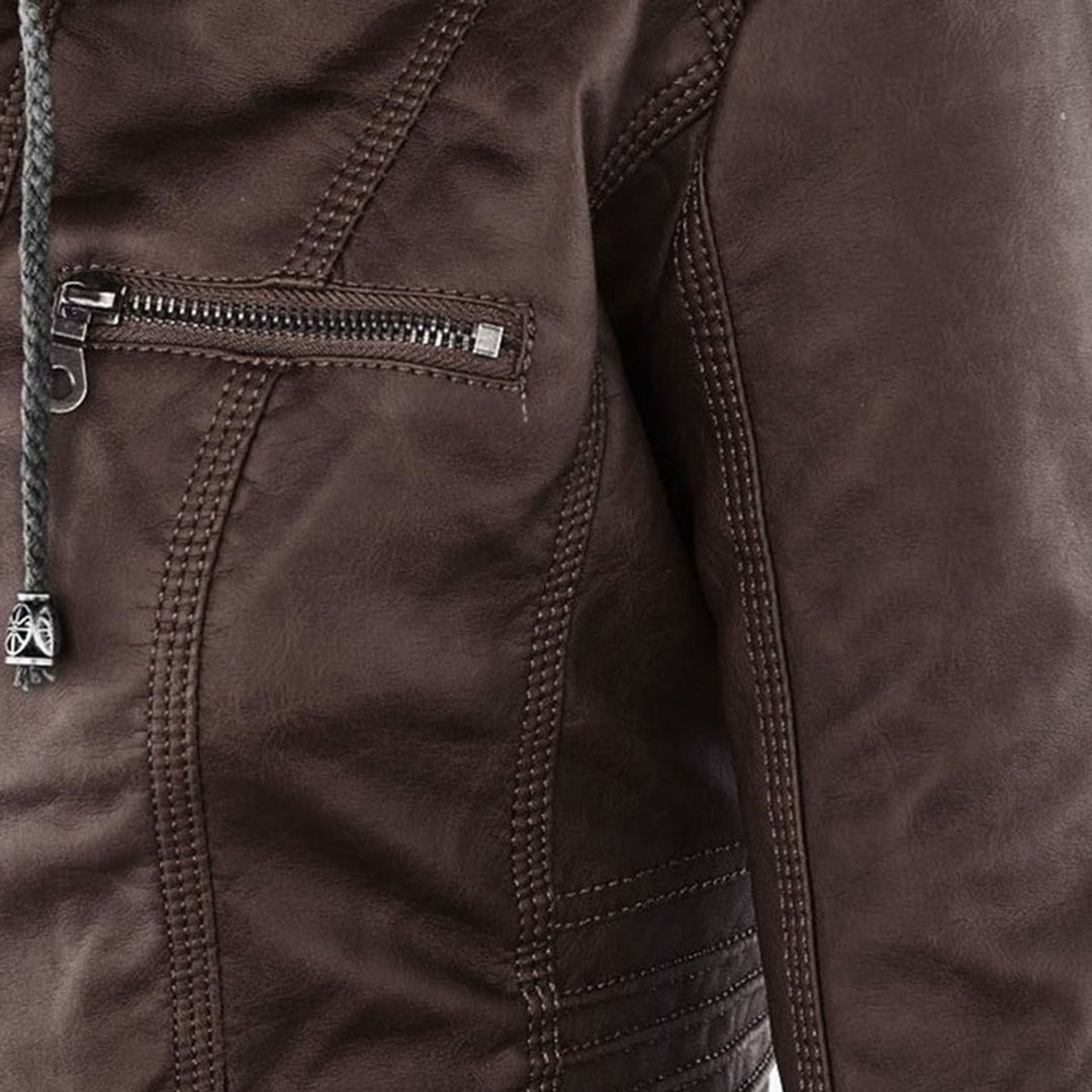 Women's Hooded Faux Leather Moto Coat Removable Hood