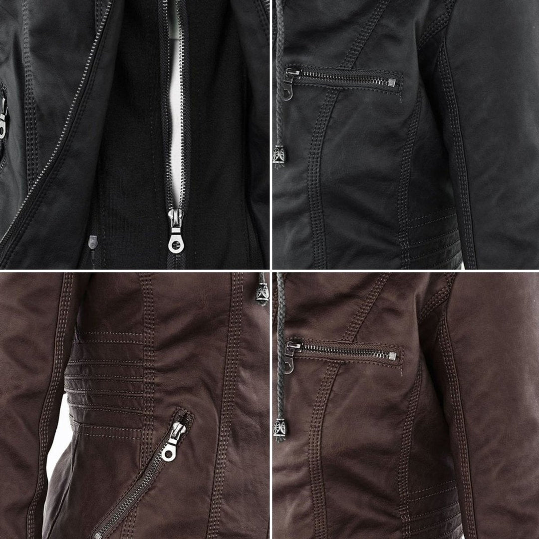 Women's Hooded Faux Leather Moto Coat Removable Hood