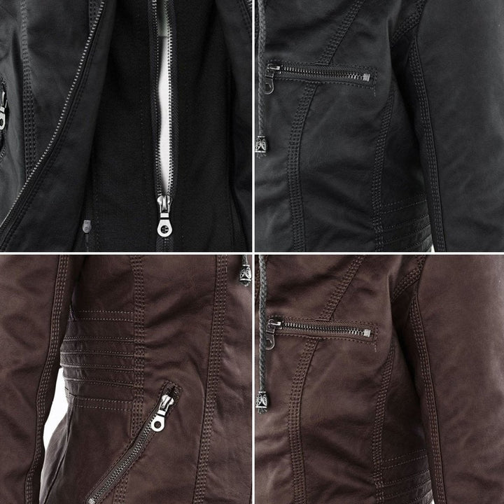 Women's Hooded Faux Leather Moto Coat Removable Hood
