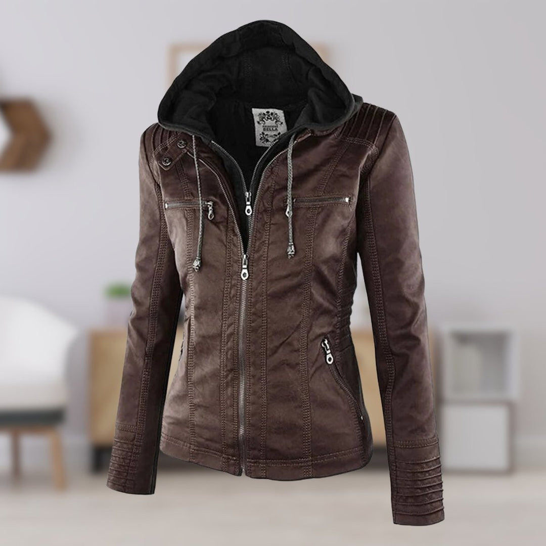 Women's Hooded Faux Leather Moto Coat Removable Hood - Brown