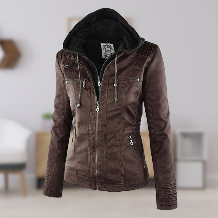 Women's Hooded Faux Leather Moto Coat Removable Hood - Brown