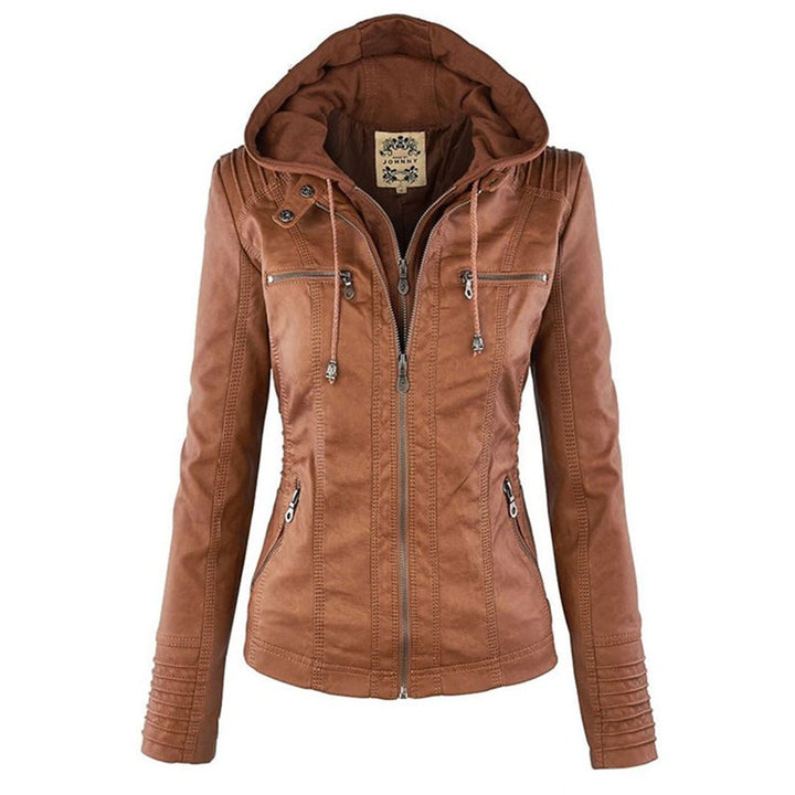 Women's Hooded Faux Leather Moto Coat Removable Hood