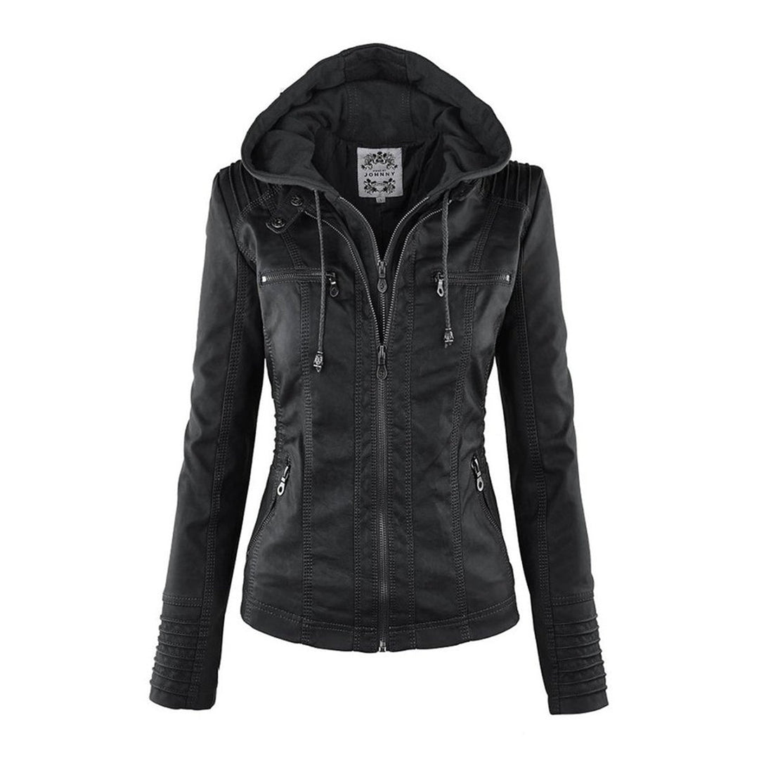 Women's Hooded Faux Leather Moto Coat Removable Hood