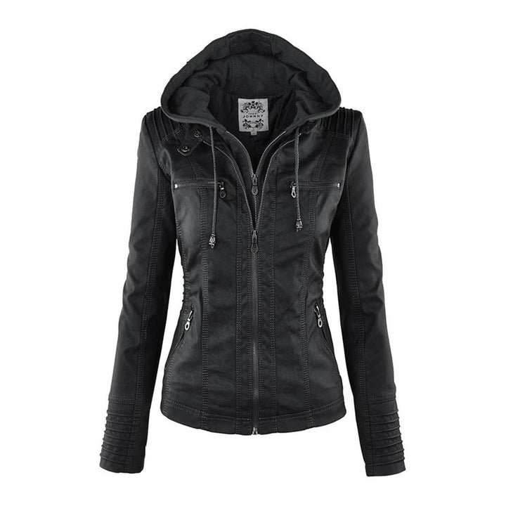 Women's Hooded Faux Leather Moto Coat Removable Hood