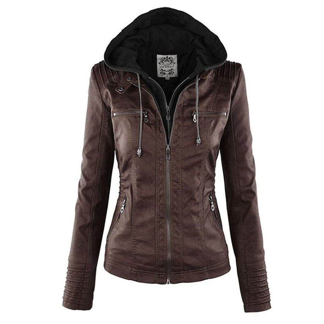 Women's Hooded Faux Leather Moto Coat Removable Hood