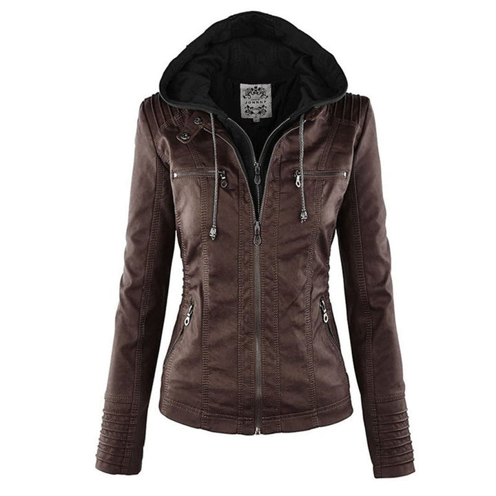 Women's Hooded Faux Leather Moto Coat Removable Hood