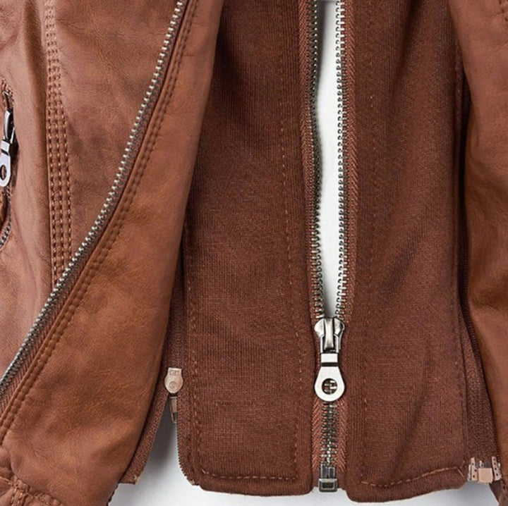Women's Hooded Faux Leather Moto Jacket Zip-Up