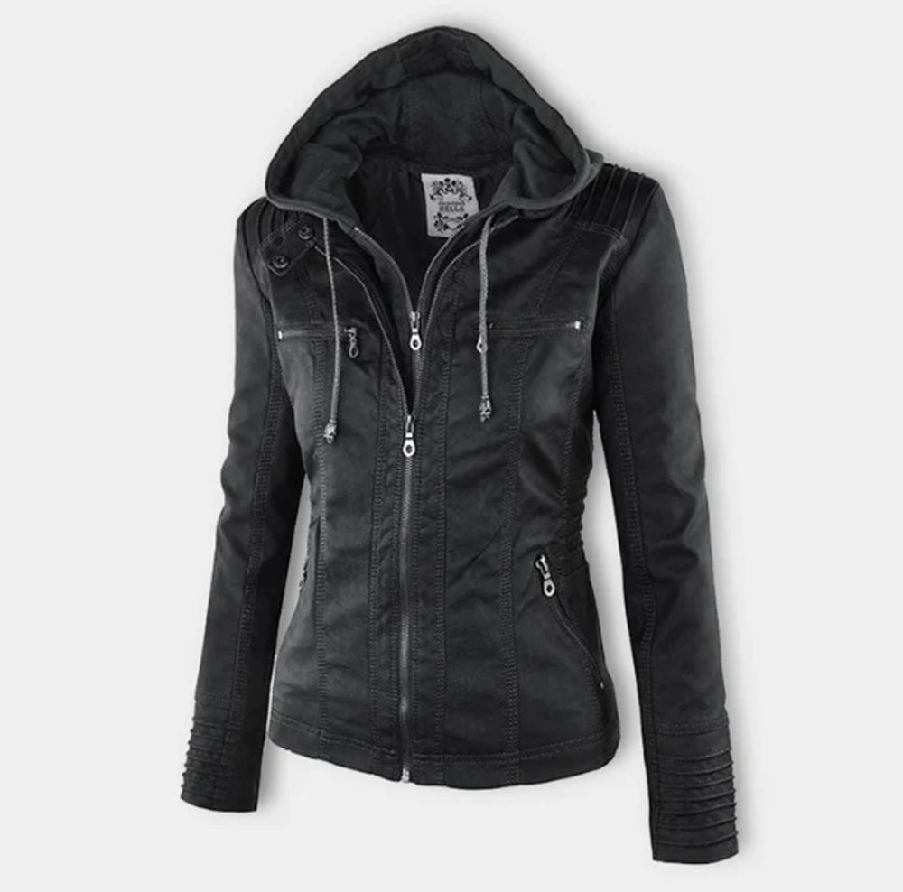 Women's Hooded Faux Leather Moto Jacket Zip-Up - Black