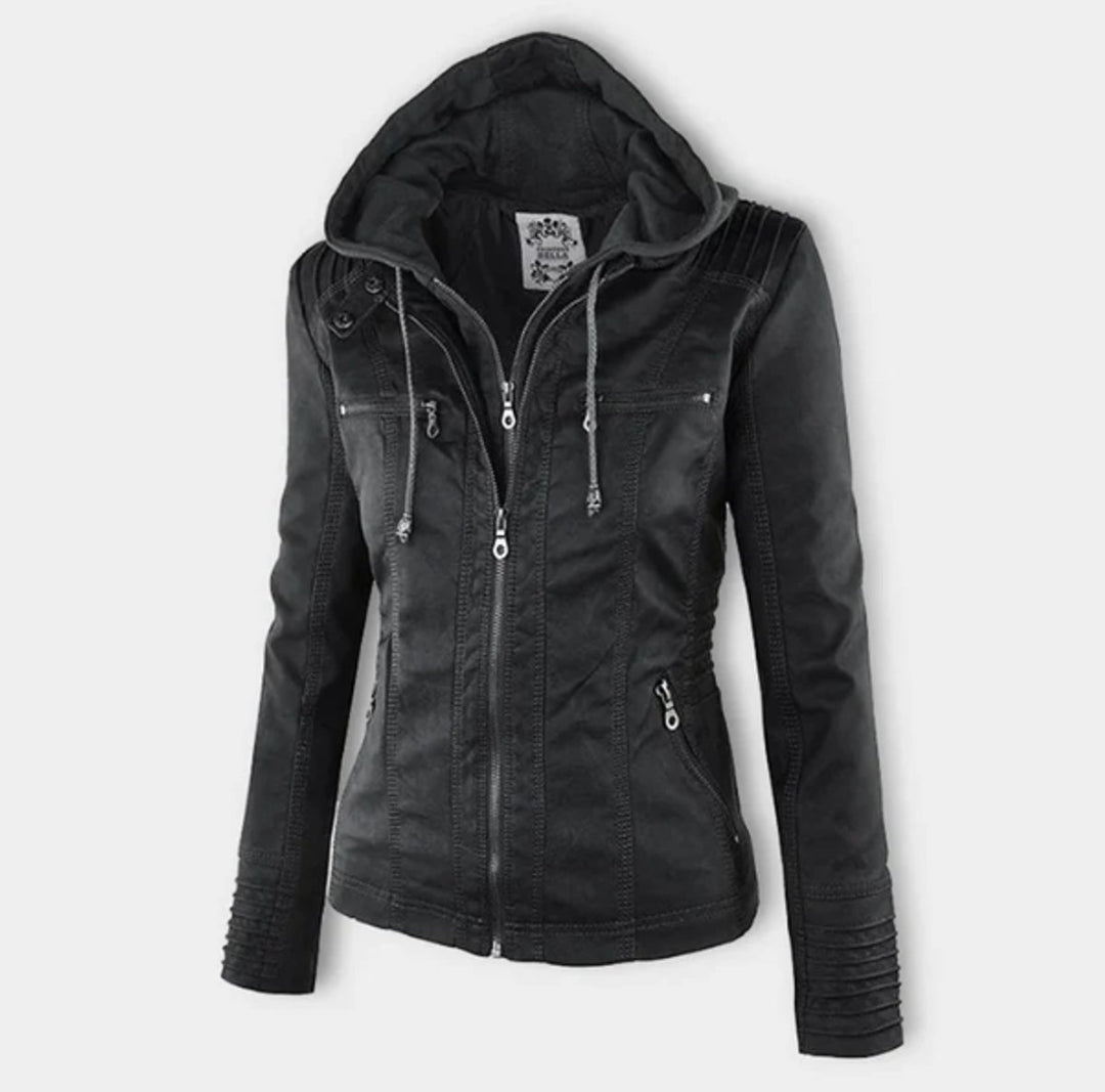 Women's Hooded Faux Leather Moto Jacket Zip-Up - Black