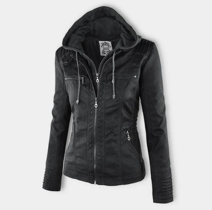 Women's Hooded Faux Leather Moto Jacket Zip-Up - Black