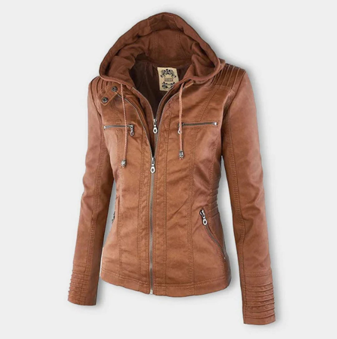 Women's Hooded Faux Leather Moto Jacket Zip-Up - Beige