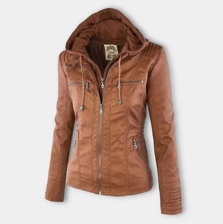 Women's Hooded Faux Leather Moto Jacket Zip-Up - Beige