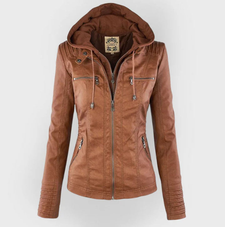 Women's Hooded Faux Leather Moto Jacket Zip-Up