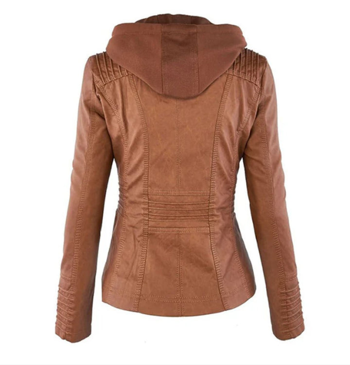 Women's Hooded Faux Leather Moto Jacket Zip-Up