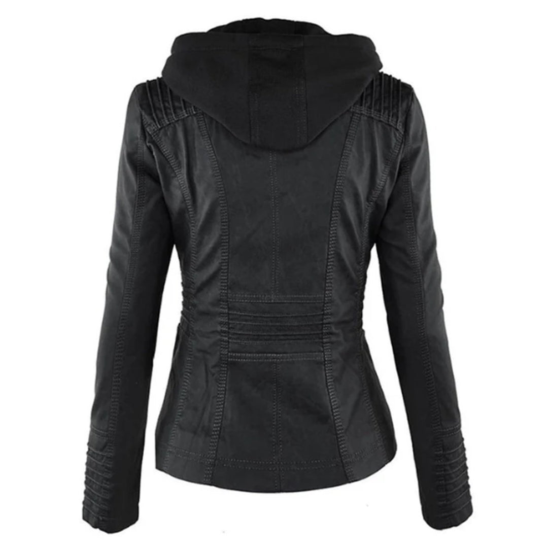 Women's Hooded Faux Leather Moto Jacket Zip-Up