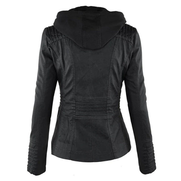 Women's Hooded Faux Leather Moto Jacket Zip-Up
