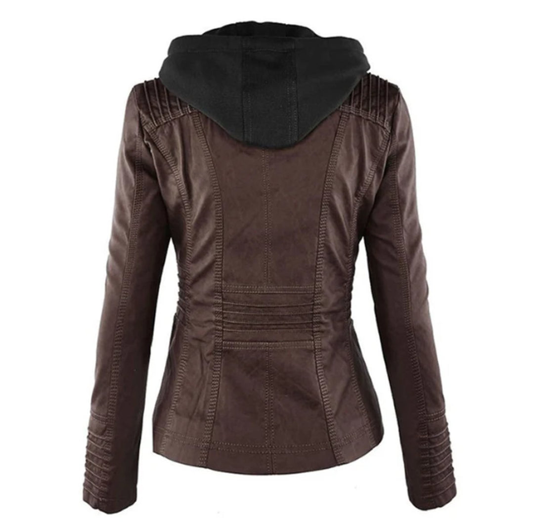 Women's Hooded Faux Leather Moto Jacket Zip-Up