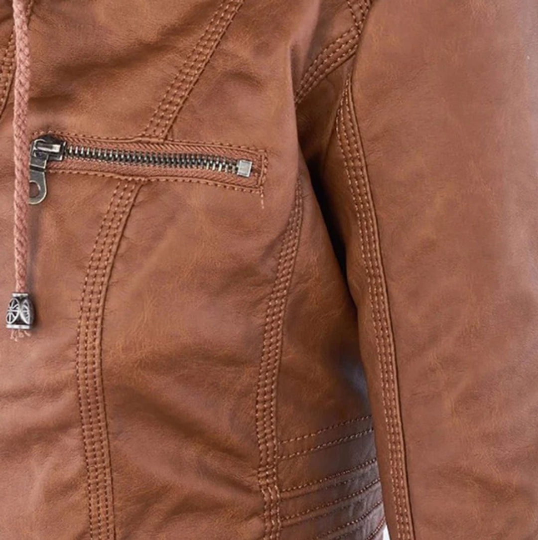 Women's Hooded Faux Leather Moto Jacket Zip-Up