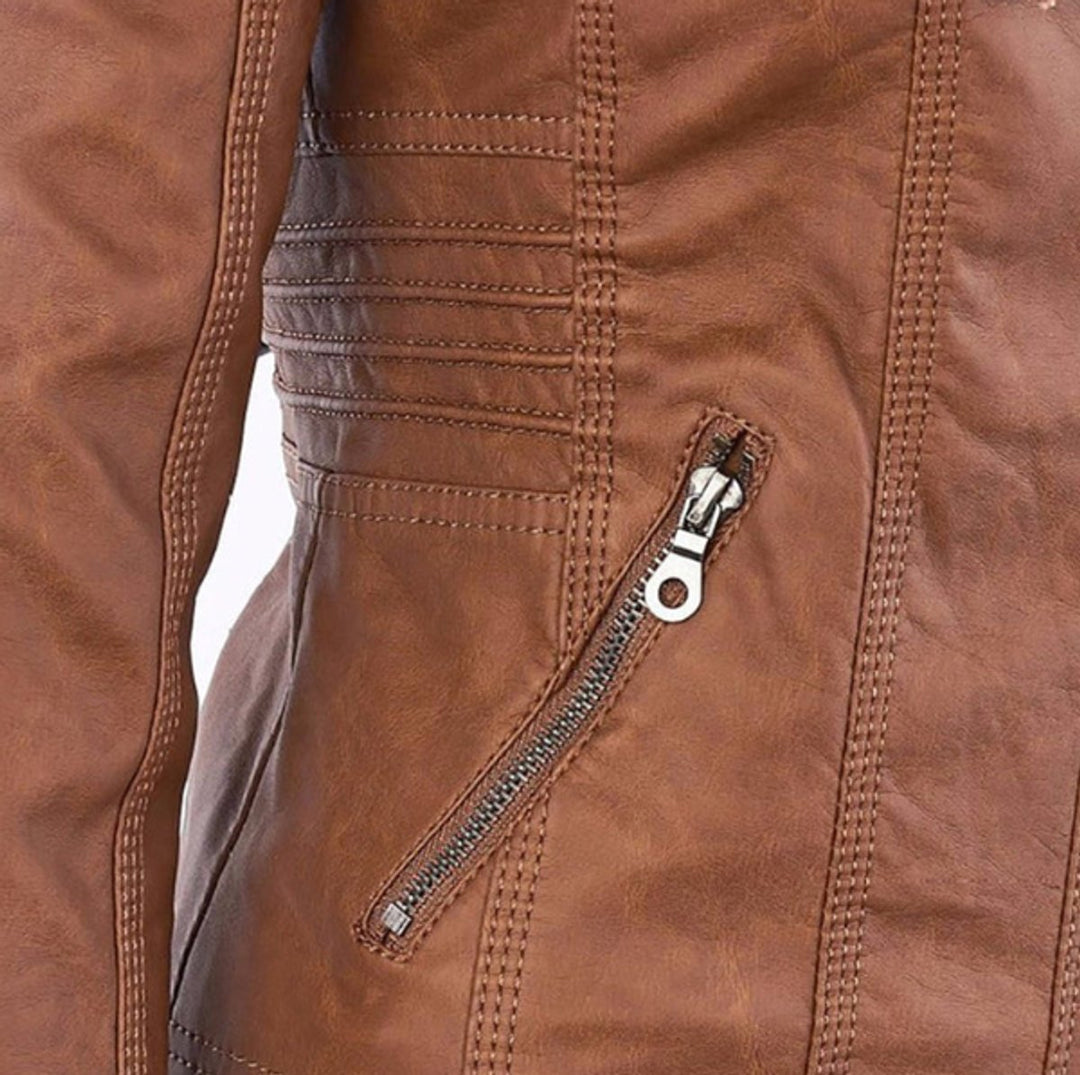 Women's Hooded Faux Leather Moto Jacket Zip-Up