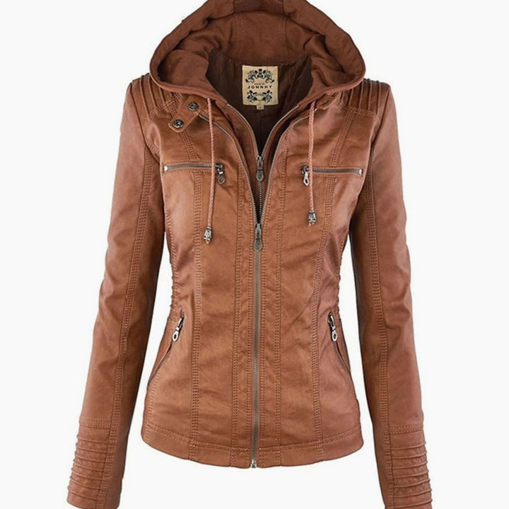 Women's Hooded Faux Leather Zip-Up Slim-Fit Biker Jacket - Khaki