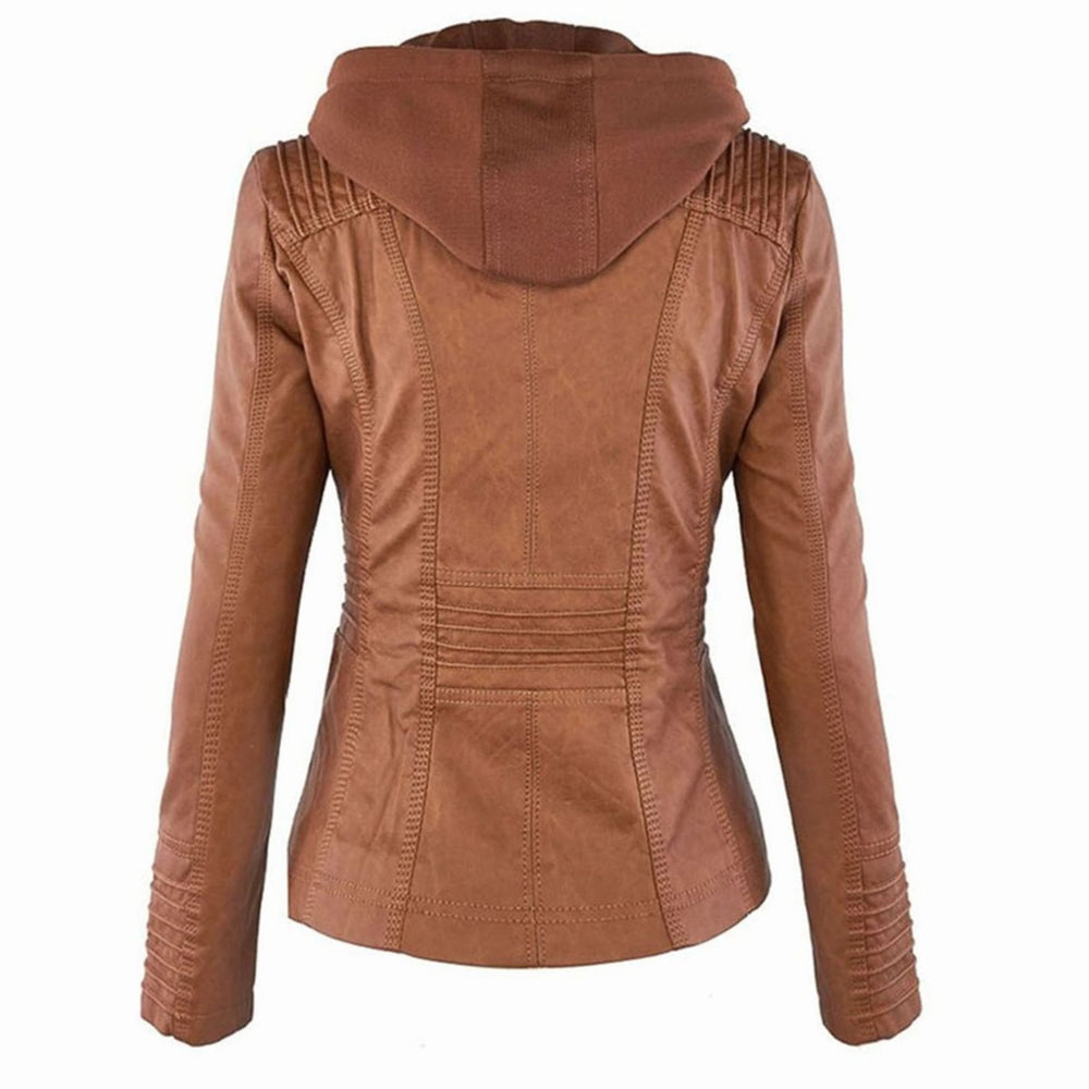 Women's Hooded Faux Leather Zip-Up Slim-Fit Biker Jacket