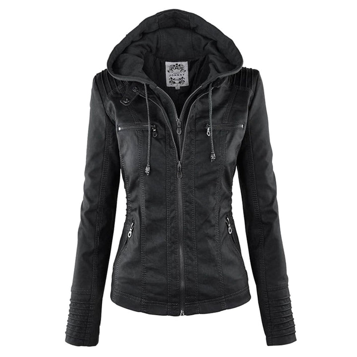Women's Hooded Faux Leather Zip-Up Slim-Fit Biker Jacket - Black