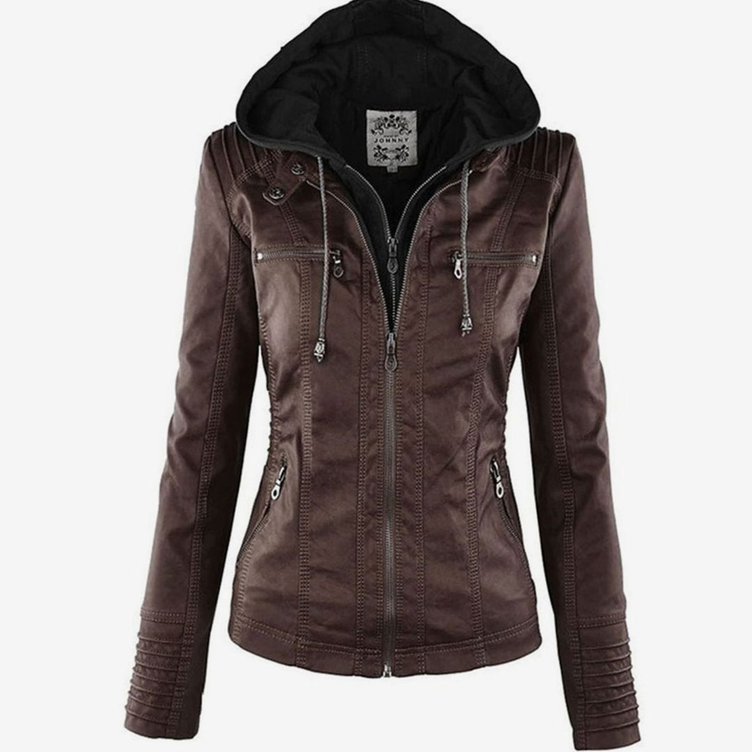 Women's Hooded Faux Leather Zip-Up Slim-Fit Biker Jacket - Brown